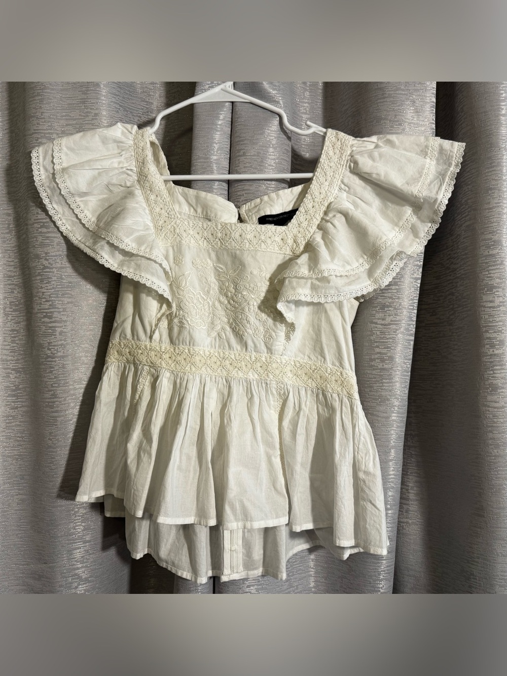 Free People Ivory Boho Embroidered Ruffle Sleeve Peplum Top XS/S